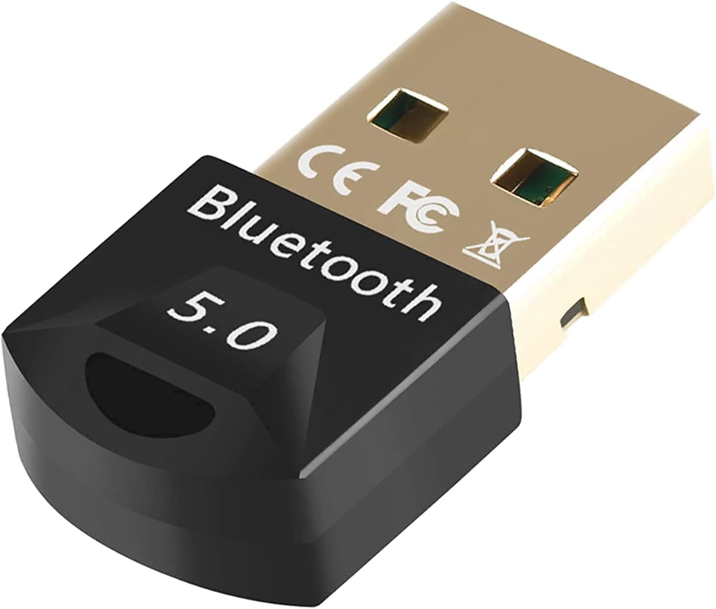 A black Bluetooth 5.0 USB dongle with the CE and FCC certification marks.